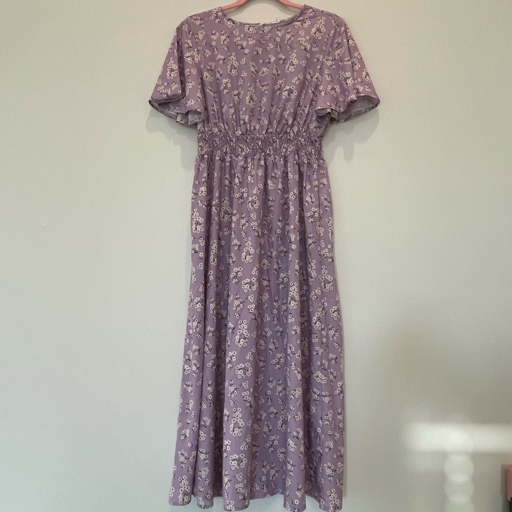 Floerns Boho Ditsy Floral Short Sleeve A Line Flared MIDI Dress Lavender - M
